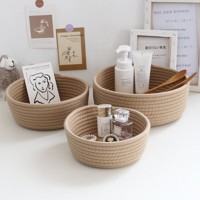Woven Storage Basket - Hand-made Cotton Rope for Desktop Sundries