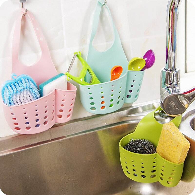 Sink Drain Rack - Plastic with Hanging Basket for Sponge & Vegetables