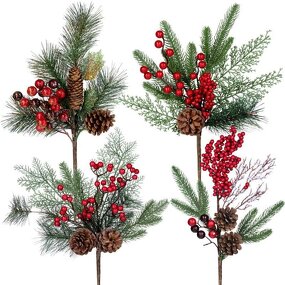 Red Berry Picks - Artificial Branches with Pine Cones for Christmas Decoration