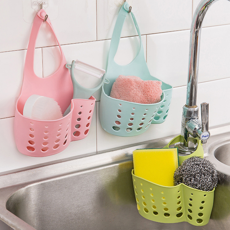 Sink Drain Rack - Plastic with Hanging Basket for Sponge & Vegetables