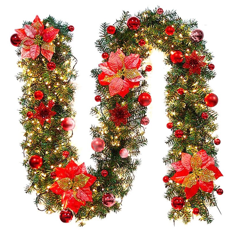 Christmas Garland - 2.7M PVC with Lights Pine Wreath & Mantel Cane