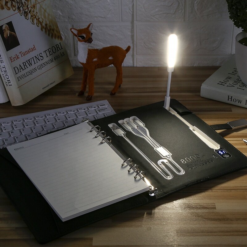 Business Planner Notebook Manufacturer - A5 with LED Reading Lamp PU Cover USB Flash Drive Power Bank Wireless Charging 10W