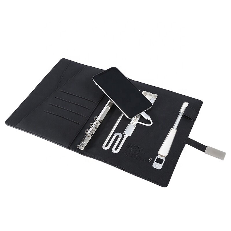 Business Planner Notebook Manufacturer - A5 with LED Reading Lamp PU Cover USB Flash Drive Power Bank Wireless Charging 10W