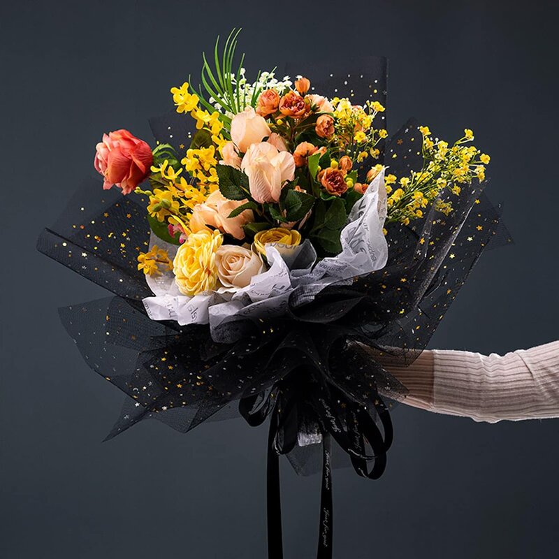 Floral Wrapping Mesh Manufacturer - Korean Style Soft Polyester Gilding Star Moon Net Yarn Bouquet for Gift Packaging