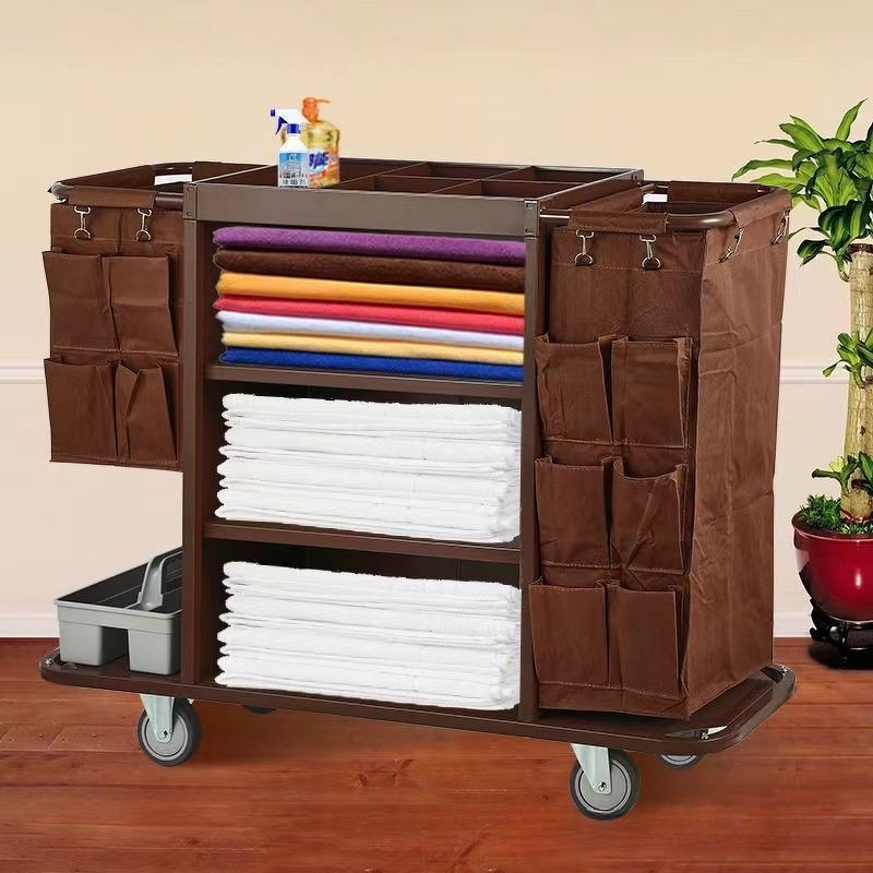 Sanitation Service Cart Manufacturer - Hotel Room Multi-Functional Stainless Steel Hand-Pushed Linen Bag and Bucket Cleaning Work Cart