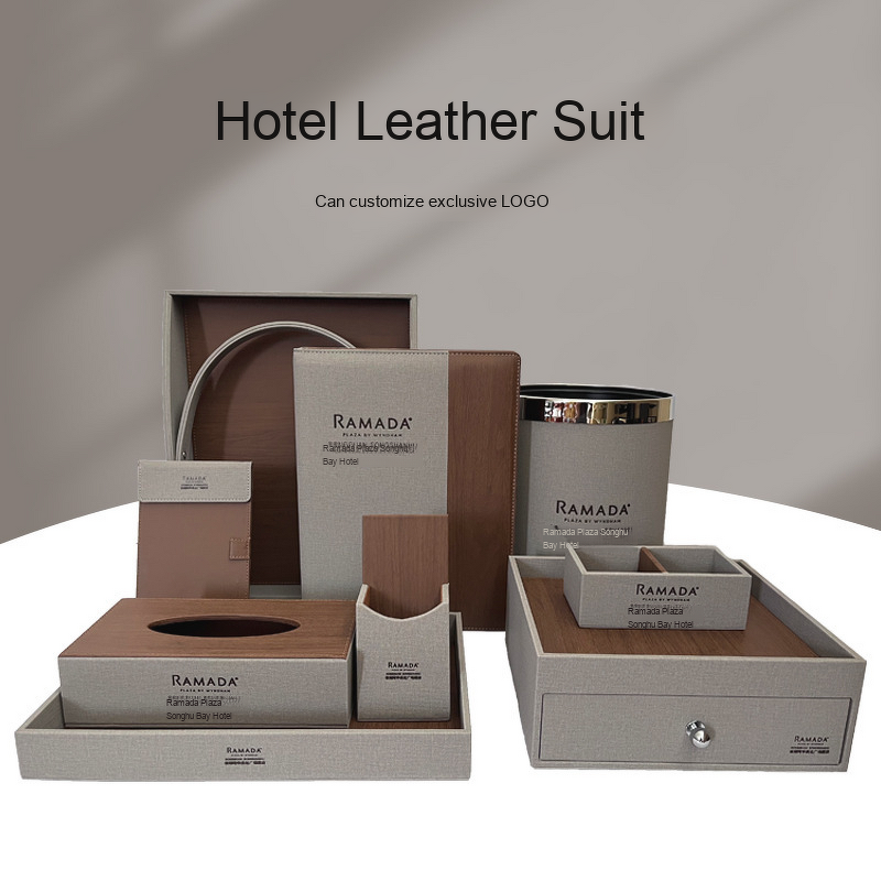 Leather Tissue Box Manufacturer - Guangzhou Five-Star Hotel Room Eco-Friendly Simple Creative Wood Grain Trash Can Set Remote Hotel Amenities