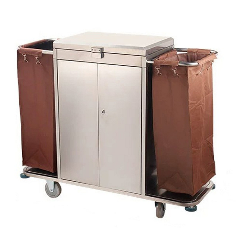 Hotel Linen Cart Manufacturer - Dual-Sided Metal Double-Sided Room Entrance Cart with Door Cover Hand-Pushed Guesthouse Cleaning
