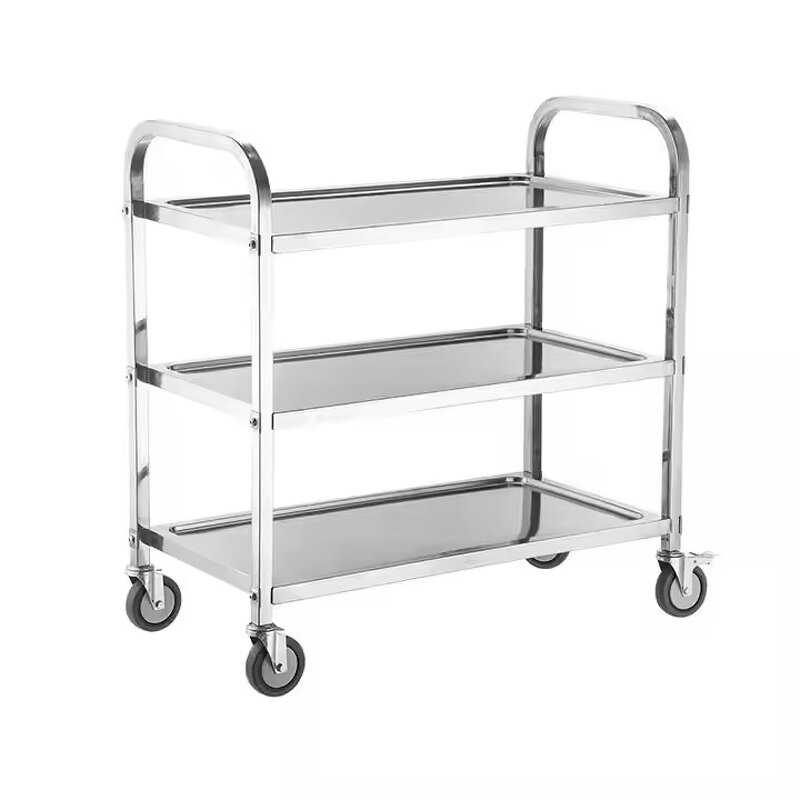 Dining Cart Manufacturer - High Quality 3-Tier Solid Stainless Steel Towable Hotel Kitchen Trolley Tea Trolley Hand Tow for Food Beverage