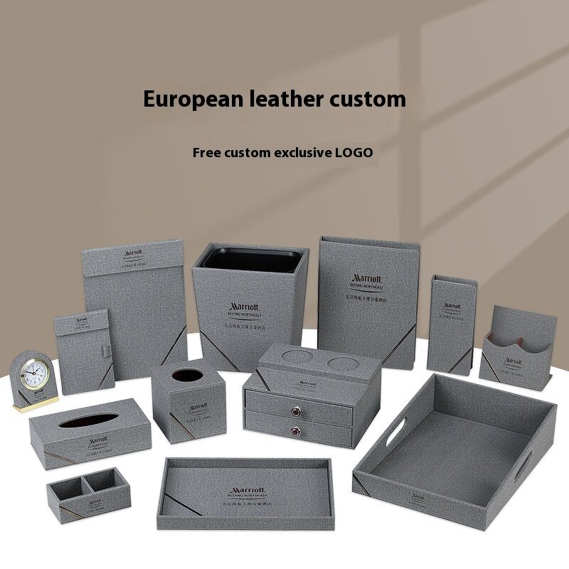 PU Leather Hotel Amenities Manufacturer - Factory Direct Eco-Friendly European Gray Notepad Trash Can Tissue Box for Commercial Office Hotel