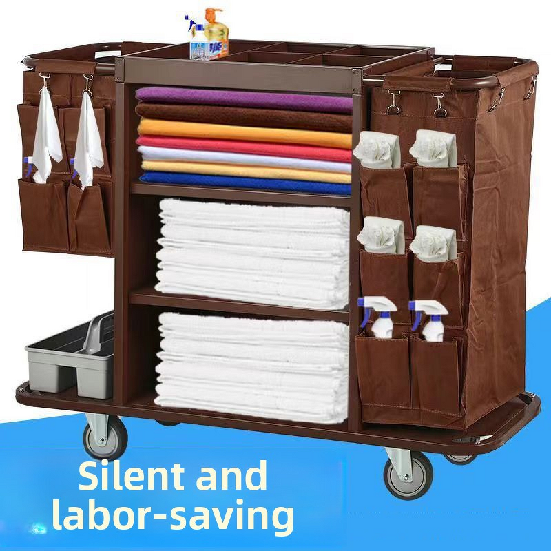 Sanitation Service Cart Manufacturer - Hotel Room Multi-Functional Stainless Steel Hand-Pushed Linen Bag and Bucket Cleaning Work Cart