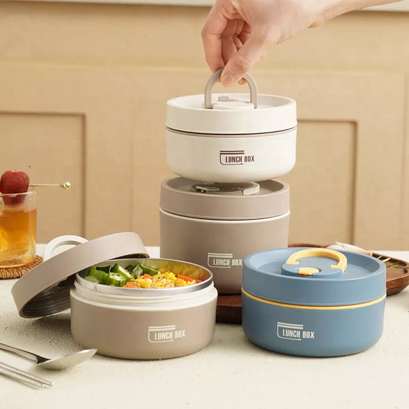 Lunch Box Manufacturer - Portable 304 Stainless Steel Round Vacuum Bento Insulated Thermal Metal Adult Kids Food with PP Spoon Bag