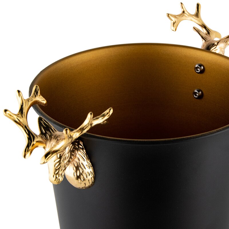 Ice Bucket Manufacturer - Luxury Gold Deer Head Black Stainless Steel Metal Beverages Tub with Handle Beer Wine Chillers