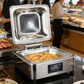Electric Chafing Dish Manufacturer - Luxury Square Silver Stainless Steel Soft-Close Glass Lid Buffet Set