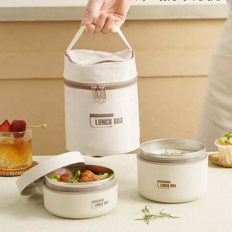 Lunch Box Manufacturer - Portable 304 Stainless Steel Round Vacuum Bento Insulated Thermal Metal Adult Kids Food with PP Spoon Bag