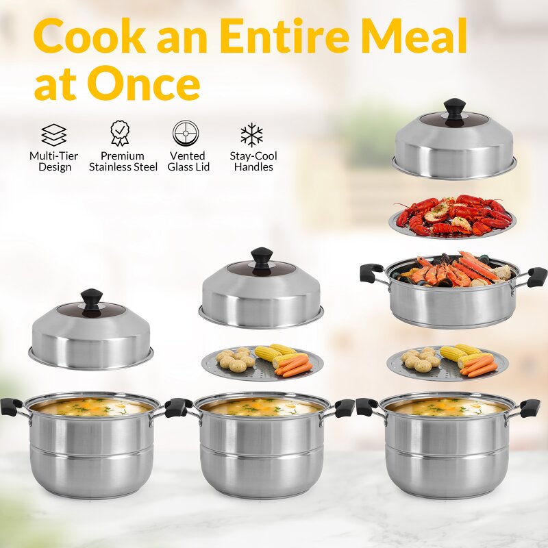 Steamer Pot Manufacturer - Large Capacity 3 Layers Steamer Composition Bottom Induction Cookware Commercial Big Cooking Kitchenware