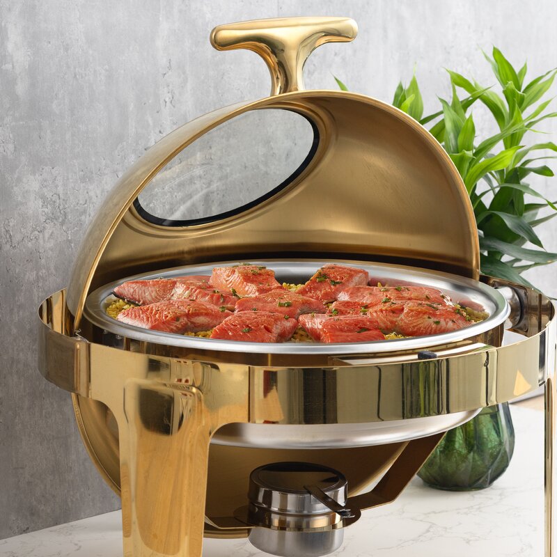 Chafing Dish Manufacturer - Luxurious Gold Roll Top Round Buffet Set with Glass Lid Fancy Food Warmer Display
