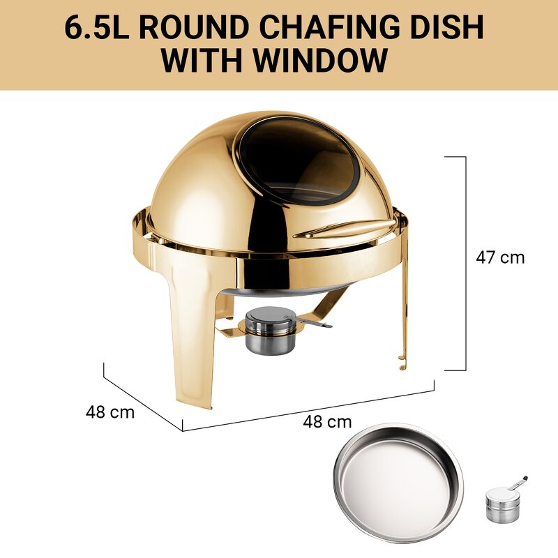 Chafing Dish Manufacturer - Luxurious Gold Roll Top Round Buffet Set with Glass Lid Fancy Food Warmer Display