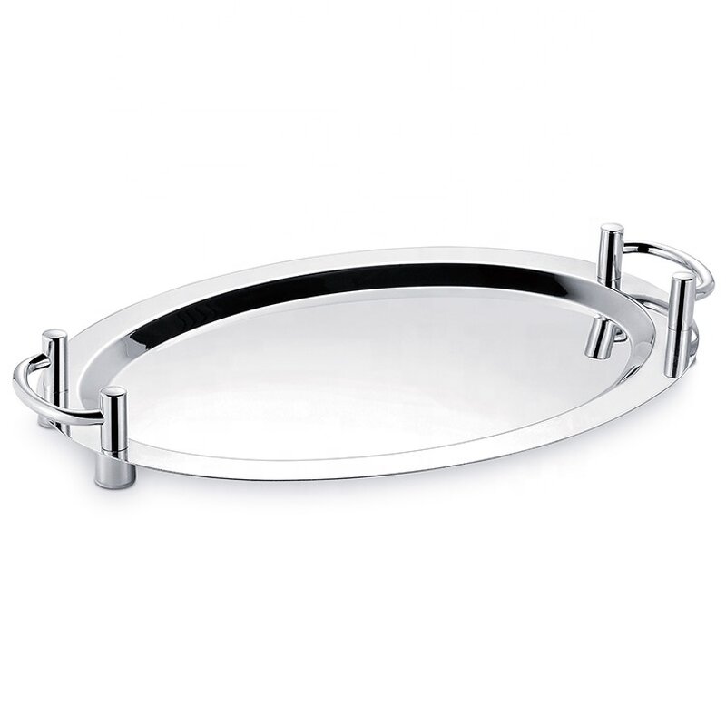 Serving Tray Manufacturer - Stainless Steel Oval Mirror Polished with Double Handles for Hotel Restaurant Supplies