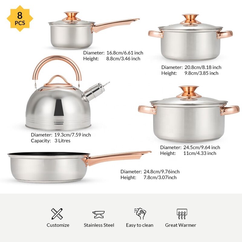 Cookware Set Manufacturer - High Quality 12 / 9 PCS Stainless Steel Non Stick Kitchen Cooking Pots and Pans Rose Golden Handle Sets