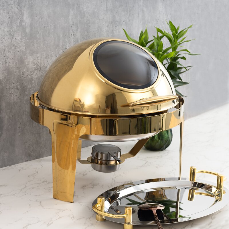 Chafing Dish Manufacturer - Luxurious Gold Roll Top Round Buffet Set with Glass Lid Fancy Food Warmer Display