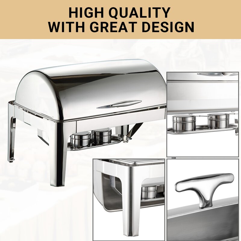 Chafing Dishes Manufacturer - 9L Rectangular Silver Stainless Steel Rolling Top Food Warmer 2025 Premium Round Buffet Set