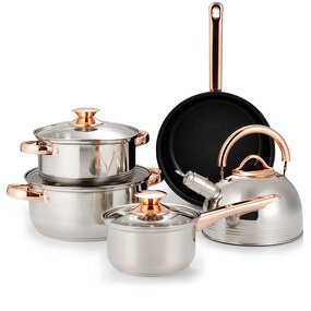 Cookware Set Manufacturer - High Quality 12 / 9 PCS Stainless Steel Non Stick Kitchen Cooking Pots and Pans Rose Golden Handle Sets