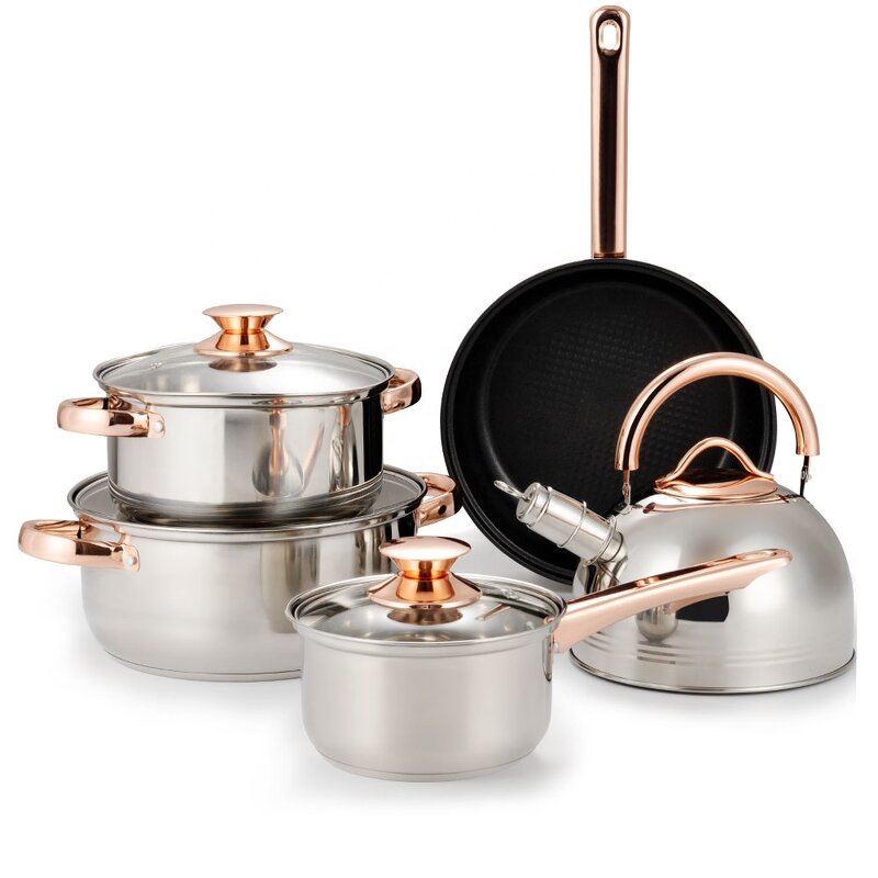 Cookware Set Manufacturer - High Quality 12 / 9 PCS Stainless Steel Non Stick Kitchen Cooking Pots and Pans Rose Golden Handle Sets