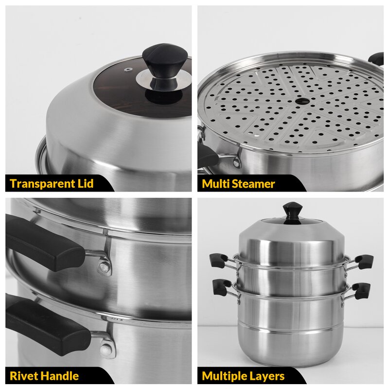 Steamer Pot Manufacturer - Large Capacity 3 Layers Steamer Composition Bottom Induction Cookware Commercial Big Cooking Kitchenware