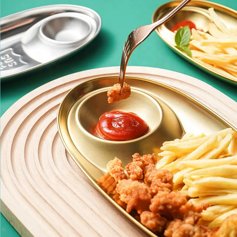 Dinnerware Plate Manufacturer - Multifunctional Restaurant 304 Stainless Steel Divided Gold Dishes Snack Plate