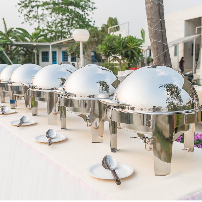 Chafing Dishes Manufacturer - Silver Stainless Steel Round Roll Top Buffet Set Modern Minimalist for Catering Equipment