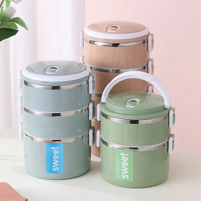 Bento Box Manufacturer - All in One Insulated 3 Tier Stackable Stainless Steel 4 Layer Tiffin Carrier with Handle