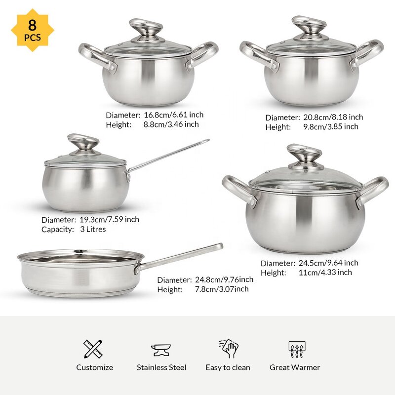 Cookware Set Manufacturer - Modern High Quality Stainless Steel 11 Set Popular Kitchen with Glass Lid Skillet Frying Pan Milk Sauce Pot