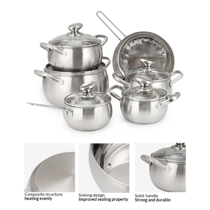 Cookware Set Manufacturer - Modern High Quality Stainless Steel 11 Set Popular Kitchen with Glass Lid Skillet Frying Pan Milk Sauce Pot