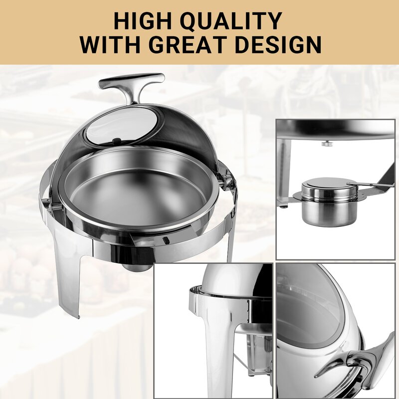 Chafing Dishes Manufacturer - Silver Stainless Steel Round with Glass Window Rolling Top Buffet Set