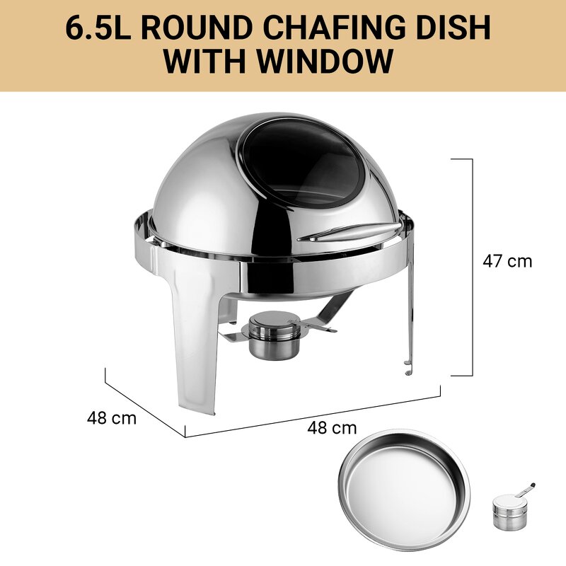Chafing Dishes Manufacturer - Silver Stainless Steel Round with Glass Window Rolling Top Buffet Set