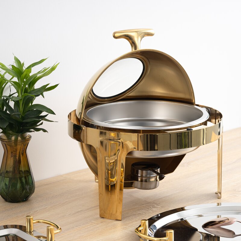 Chafing Dish Manufacturer - Luxurious Gold Roll Top Round Buffet Set with Glass Lid Fancy Food Warmer Display