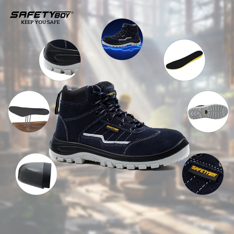 Steel Toe Safety Boots - Genuine Leather PU Oil Resistant Mesh Upper