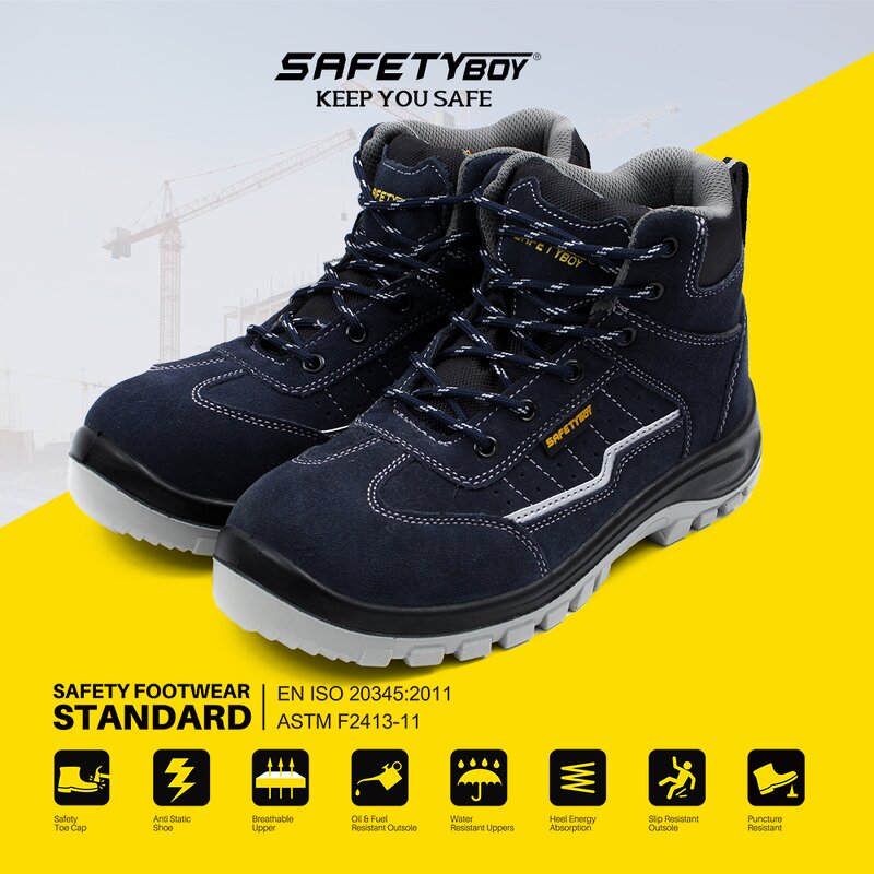 Steel Toe Safety Boots - Genuine Leather PU Oil Resistant Mesh Upper