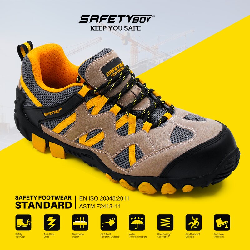 Men's Safety Shoes - Low Cut Breathable Leather Suede Upper with Steel Toe