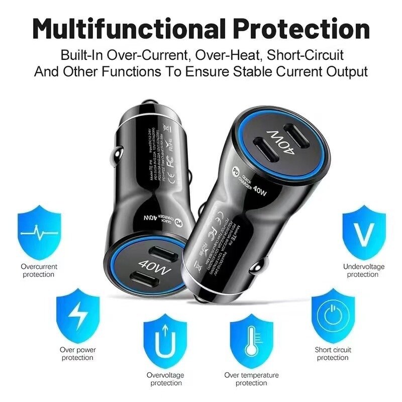 Car Charger - 40W PD Type-C 6A USB with OTP/OPV for Camera Laptop