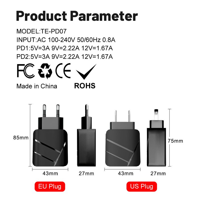 Charger Manufacturer - Dual Port 20W PD QC3.0 with OTP CE/FCC/RoHS 1 Year