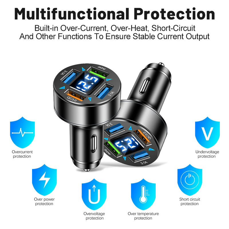 Car Charger - 4 in 1 QC3.0 4 USB Port LED Digital Display 9V/2A Input
