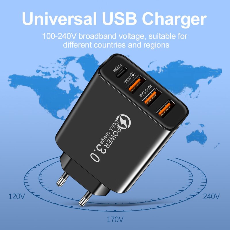 USB Plug Charger - Quick Charge 5V 3.1A QC3.0 EU US UK 3-Port Travel Wall PD