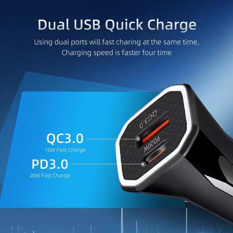 Car Charger - Dual Port 20W PD Quick Charge 3.0 USB C OTP 5v/2.4A Earphones