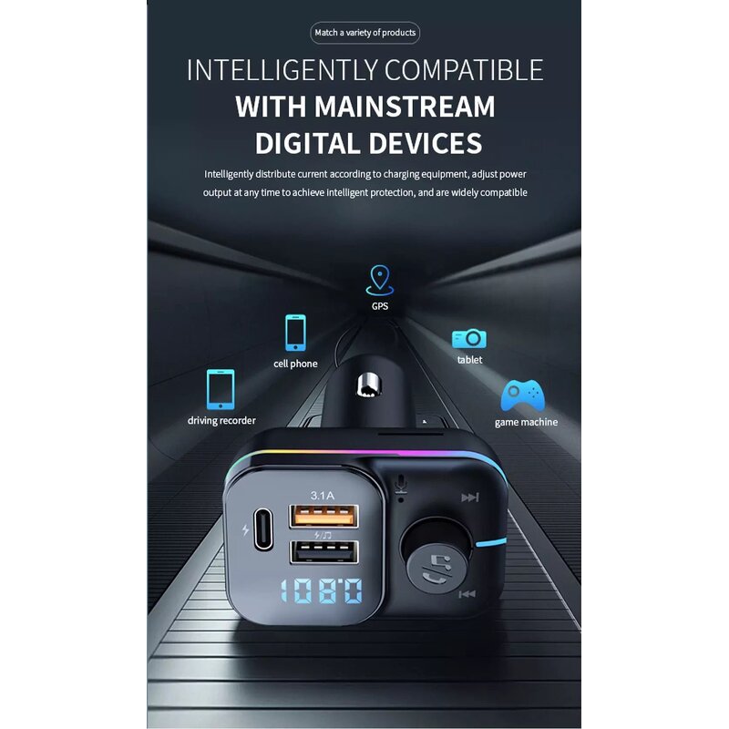 Car Charger - Dual USB Type C FM MP3 Player PD 3.1A Fast LED Light