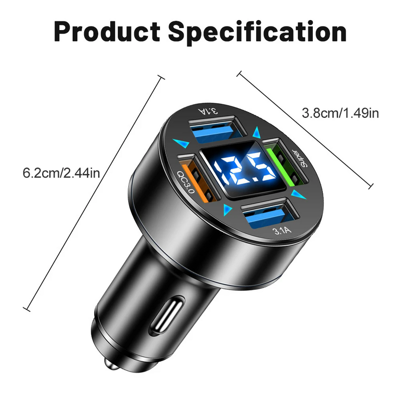 Car Charger - 4 in 1 QC3.0 4 USB Port LED Digital Display 9V/2A Input