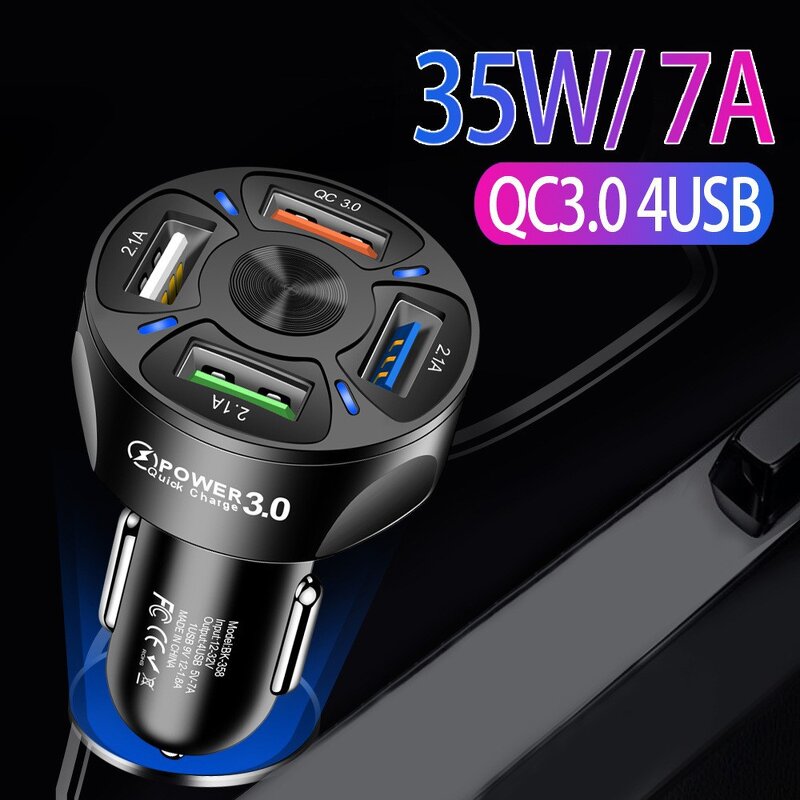 USB Car Charger - 4-in-1 3A Fast Charging 4 Ports 5V/1A Output OT Protection