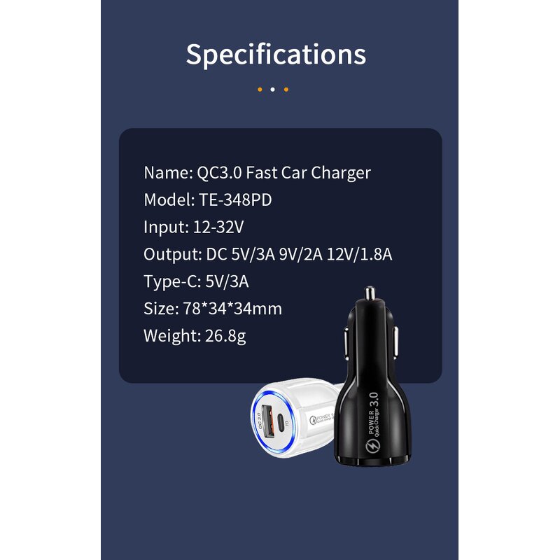 Car Charger - 3.1A USB+USB C Fast Charging 30W PD+QC3.0 OTP/OVP for Laptop
