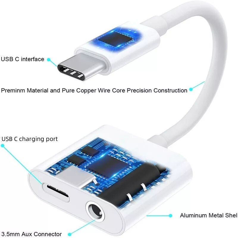Audio Splitter Converter - 2-in-1 Type C to 3.5mm Jack Charging OTG for Laptop