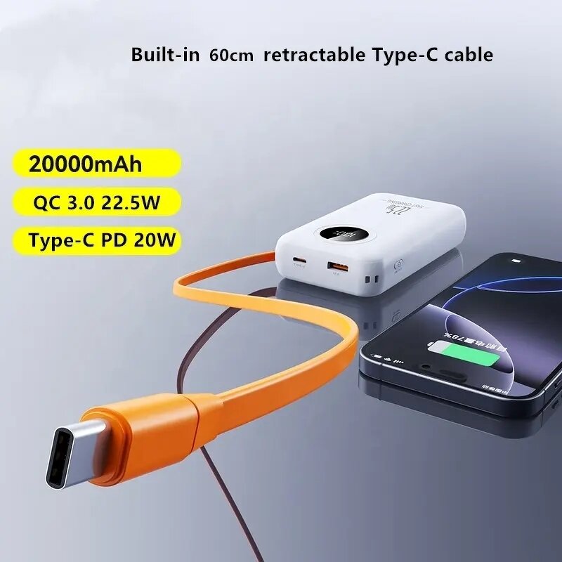 Power Bank - Custom Slim 10000mAh 22.5W Fast with Retractable Cable 20000mAh